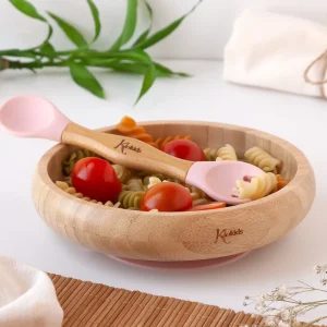 CONJUNTO LOUÇA 340ML SILICONE/BAMBU ROSA 2   PEÇAS