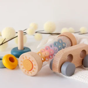 CONJ BRINQUEDOS BEBÉ MADEIRA AZUL 3UDS