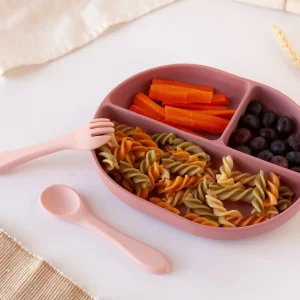 CONJ. DE TALHERES E BANDEJA BLW EM SILICONE COM DIVISÕES  ROSA 3U